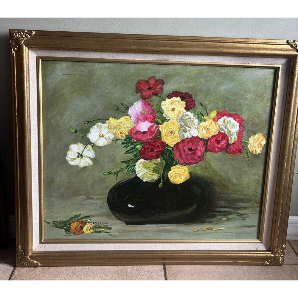 floral still life oil painting Signed By Artist Evelina Framed 20x24